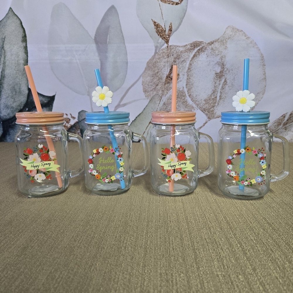 Set of 4 Spring Floral Mason Jar Mugs - 16oz - Happy Spring Lids & Straws
